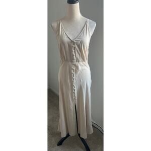 ZARA Cream Double Spaghetti Strap V-Neck Button Down Linen Blend Sundress Sz M